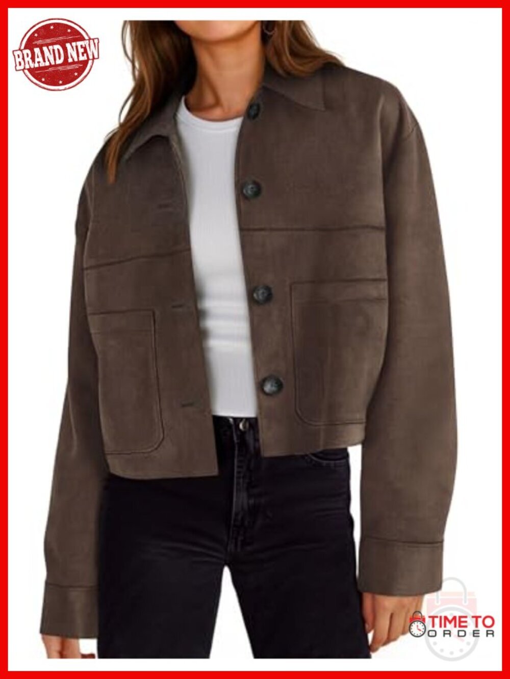 Faux Suede Cropped Jacket Lapel Collar Button Down Short Coat Fall Winter